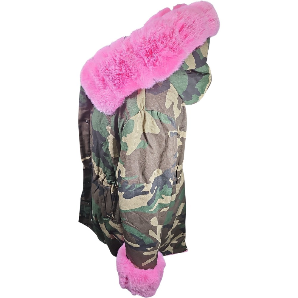 NWOT Roiii Pink Faux Fur-lined Coat with Camo Cotton Blend Shell - Picture 2 of 7